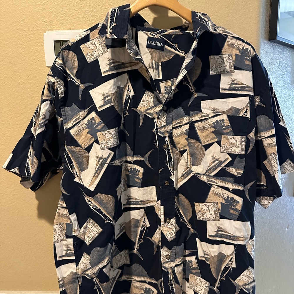 Puritan Men's Navy and Tan Patterned Shirt